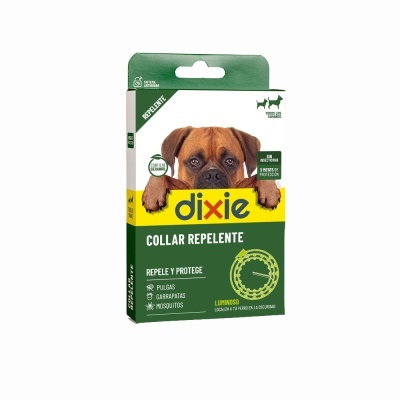 Embalagem do colar repelente para cães da marca Dixie com imagem de um cão