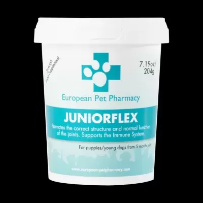 Embalagem branca e azul de suplemento alimentar para cães.