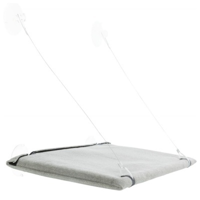 Cama suspensa cinzenta para gatos com suporte e ventosas transparentes