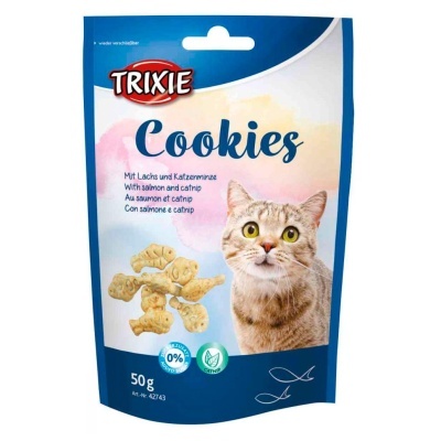 Pacote de biscoitos para gatos com imagem de gato e texto TRIXIE Cookies