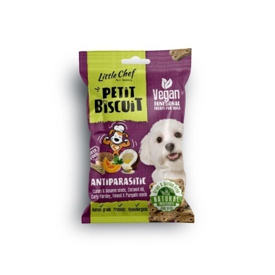 Pacote de biscoitos para cães vermelhos e verdes com imagem de cão e texto sobre ingredientes e benefícios.