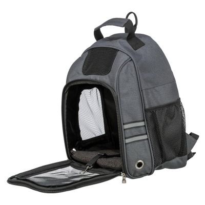 Mochila cinza para transporte com janela e interior acolchoado