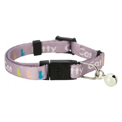 Coleira lilás para gato com campainha prateada e fecho plástico preto