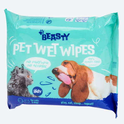 Embalagem azul clara de toalhitas húmidas para animais com imagem de cão e gato