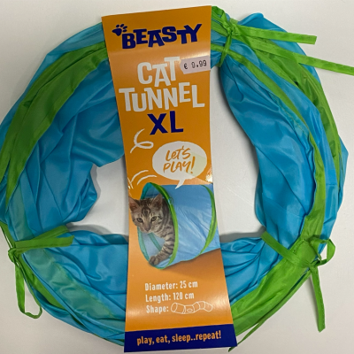 Tunel para gatos BEASTY CAT TUNNEL XL azul e verde com etiqueta laranja
