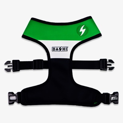 Peitoral para cão preto, verde e branco com fechos e logotipo Dashi