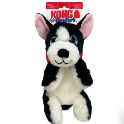 Brinquedo de pelúcia para cão preto e branco com etiqueta KONG Comfort