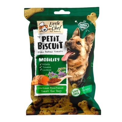 Saco verde de snacks para cães PETiT BISCUiT Mobility da Little Chef com imagem de cão e texto informativo.