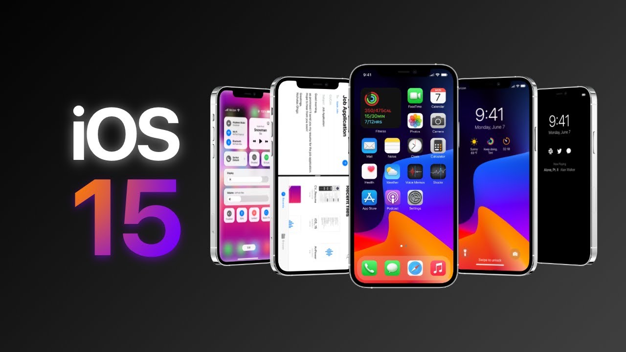 Cinco iPhones alinhados mostrando o iOS 15 com fundo preto e texto iOS 15 colorido