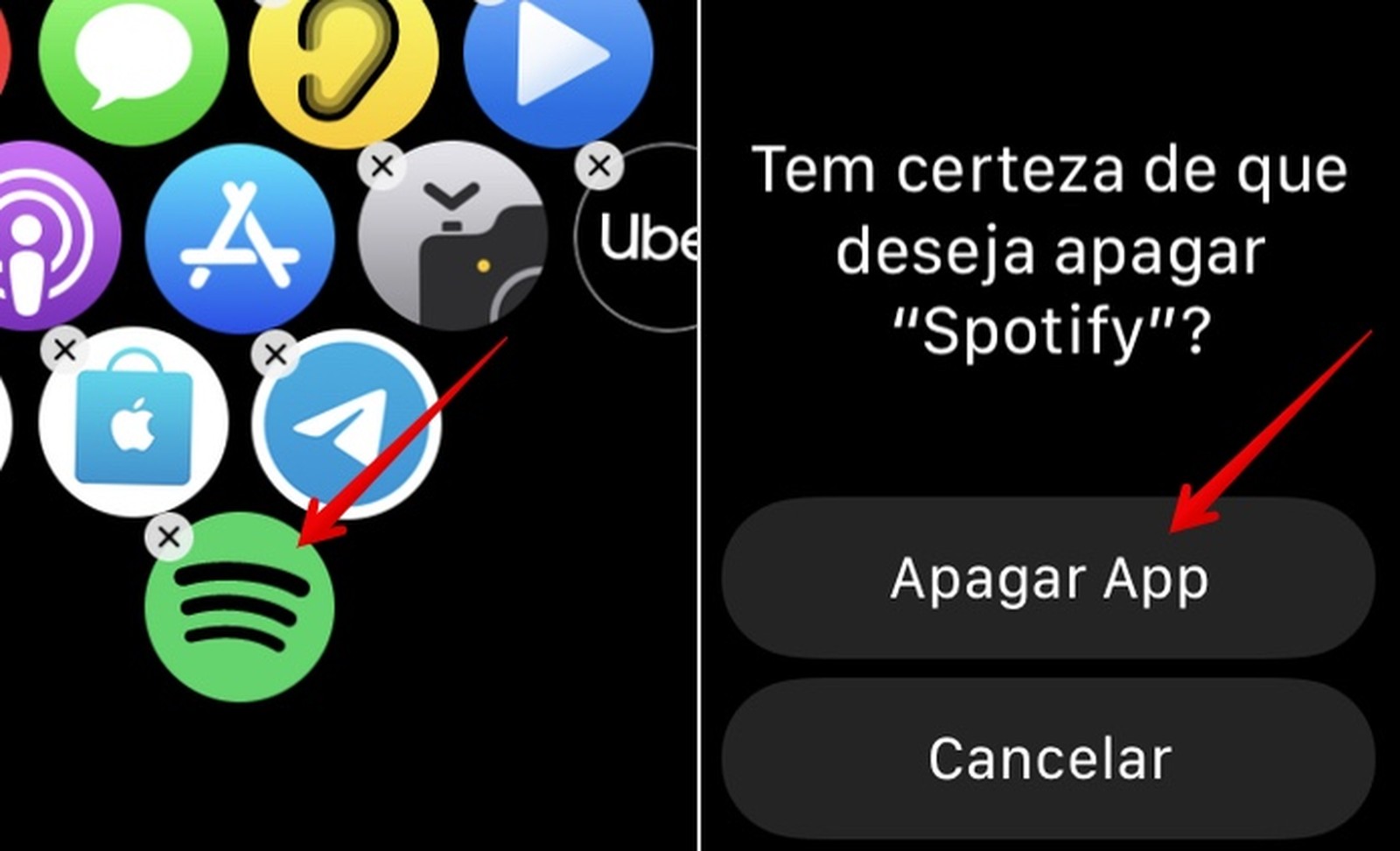Icones de apps num relógio inteligente e mensagem de confirmação para apagar app Spotify