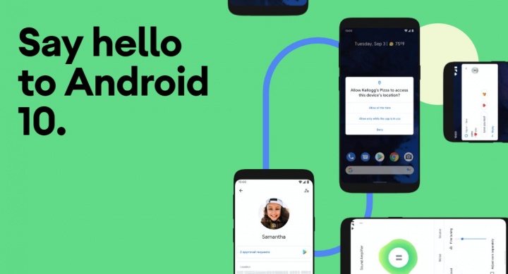 Promocional Android 10 com dispositivos móveis e texto