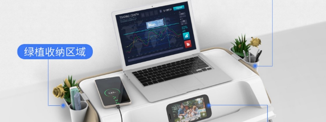 Estações de trabalho branca com portátil, carregador sem fios e vasos de plantas pequenas