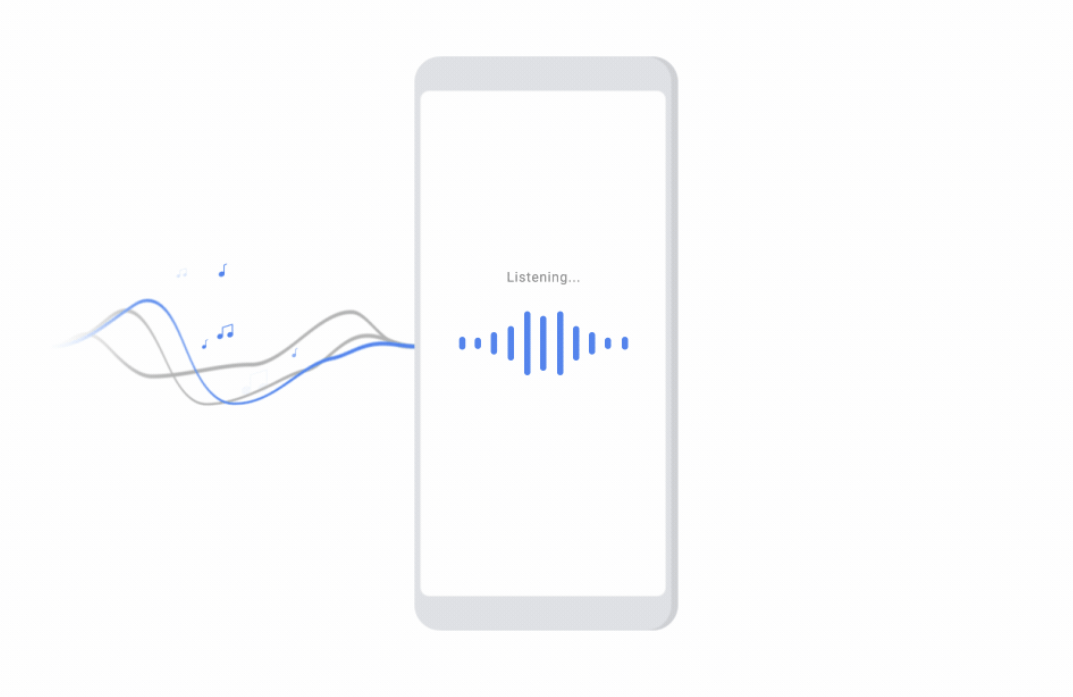 Smartphone branco com gráfico de onda sonora e texto Listening no ecrã, linhas onduladas azuis e cinzentas com notas musicais a sair do lado esquerdo, fundo branco.