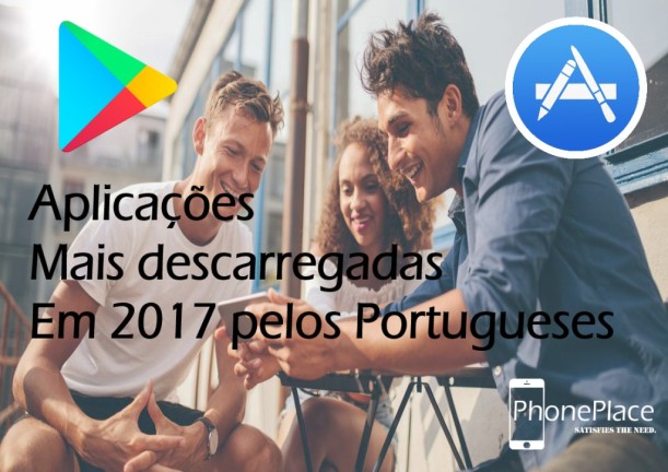 Três pessoas usando smartphones com logos das lojas de aplicativos Google Play e Apple App Store e texto em português