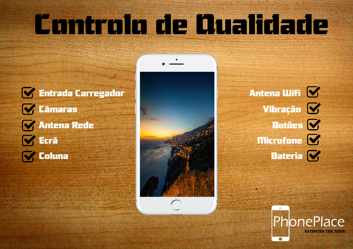 Adquira já o seu novo iPhone ou Samsung Telemóvel branco sobre fundo de madeira com texto e lista de controlo de qualidade