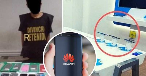 Pessoa com t-shirt preta e letras amarelas, telemóvel Huawei, sensores com etiqueta NITRILE numa superfície branca.