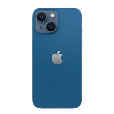 Smartphone azul da Apple com duas câmaras e logótipo visível