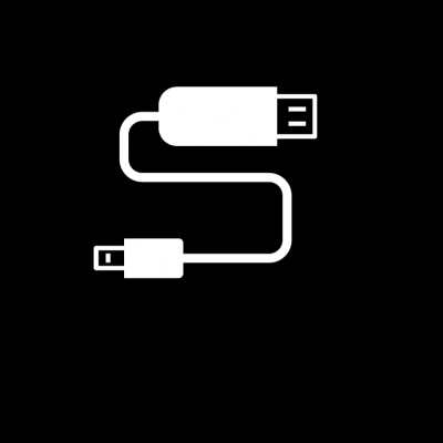 Ícone branco de cabo USB em fundo preto