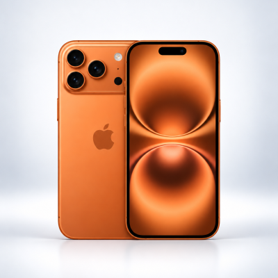 Smartphone Apple iPhone laranja metálico com três câmaras traseiras e ecrã frontal