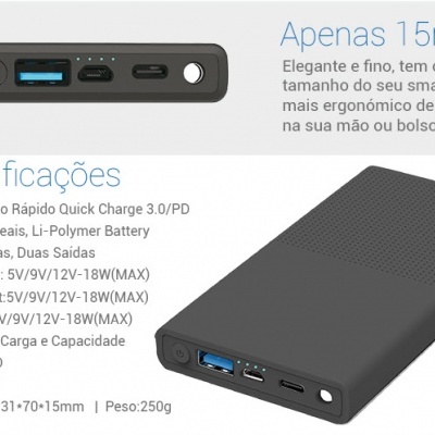 Power bank preto com várias portas USB e texto em português apresentando especificações do produto