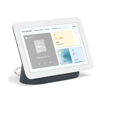 Tablet inteligente branco com base cinzenta escura e ecrã colorido