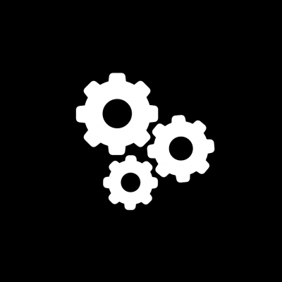 Três engrenagens brancas sobre fundo preto