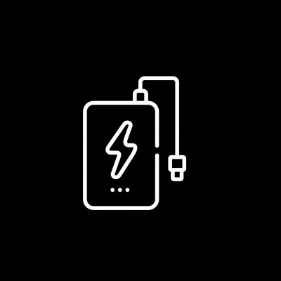 Ícone de bateria portátil branca com símbolo de raio