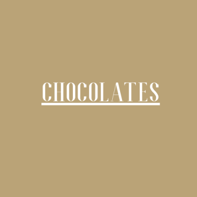 Fundo castanho claro com texto branco 'CHOCOLATES' sublinhado