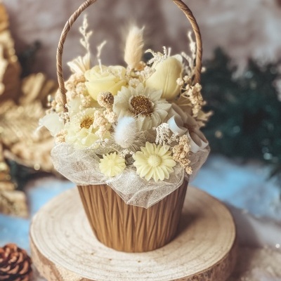 Cesta decorativa com flores artificiais amarelas e creme sobre rodela de madeira
