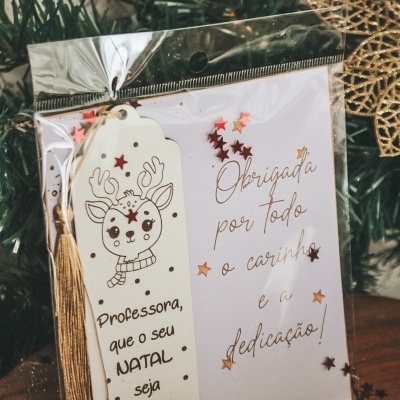 Marca-páginas e cartão de Natal para professora com mensagens de agradecimento e decoração festiva