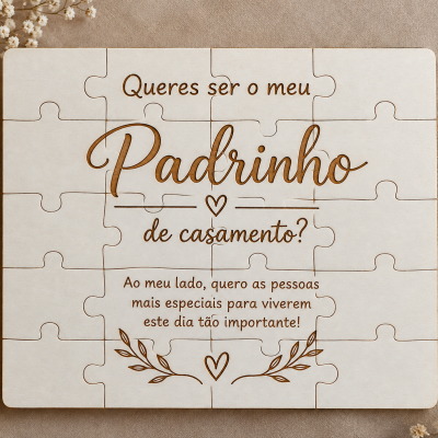 Quebra-cabeças de madeira com mensagem gravada para pedido de padrinho de casamento.