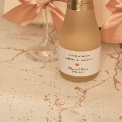 Mini garrafa de champanhe fosca com etiqueta branca e taças decoradas com fitas cor de rosa