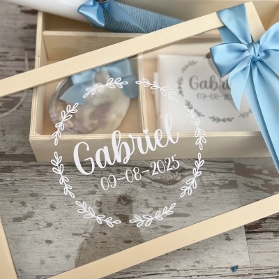 Conjunto de lembranças personalizado para batizado com nome Gabriel e data 09-08-2025