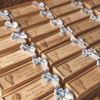 Caixas personalizadas de madeira para batizado com fitas azuis
