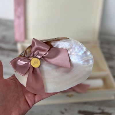 Concha decorativa de madrepérola com laço rosa e disco dourado Mf