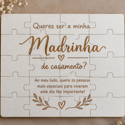 Quebra-cabeças de madeira com mensagem em português para madrinha de casamento