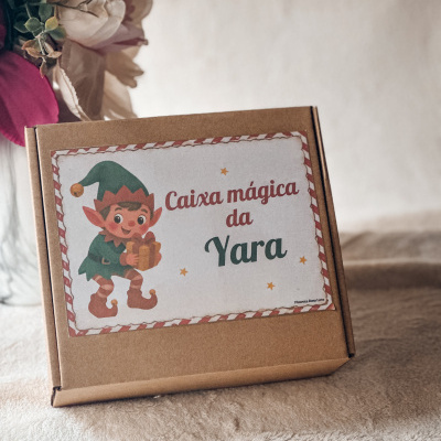 Caixa mágica da Yara em caixa castanha com ilustração de duende e flores ao fundo