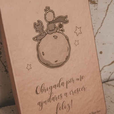 Caderno ou agenda cor-de-rosa claro com ilustração e texto em capa