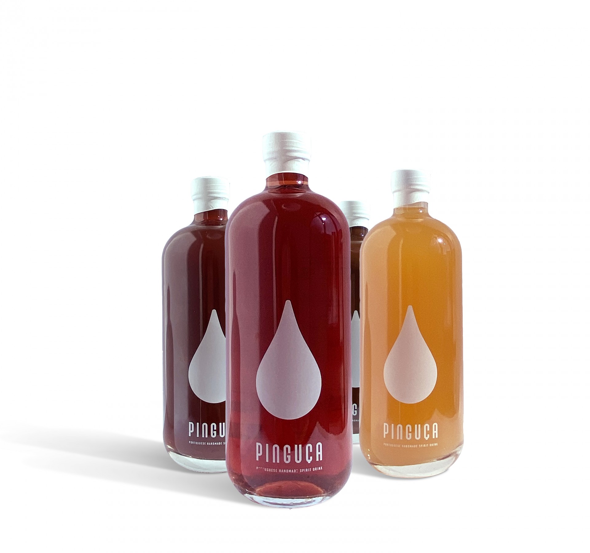 Quatro garrafas de vidro com líquido colorido e rótulos PINGUCA