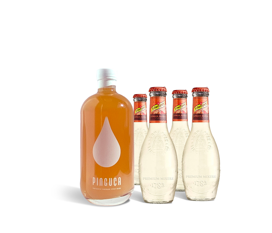 frasco Pinguça ao lado de quatro garrafas transparentes com rótulos vermelhos sobre fundo branco