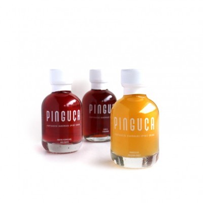 Três frascos pequenos de vidro com vinagres PINGUCA, duas cores vermelha e uma amarela.