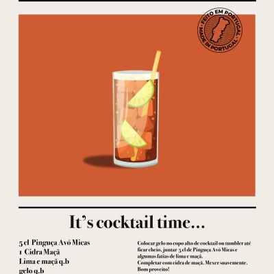Copo alto com cocktail âmbar, fatias de lima e canudo amarelo, texto receita e selo 'Feito em Portugal'