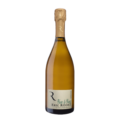 Garrafa de champanhe Eric Rodez Blanc de Blancs com rótulo branco e verde