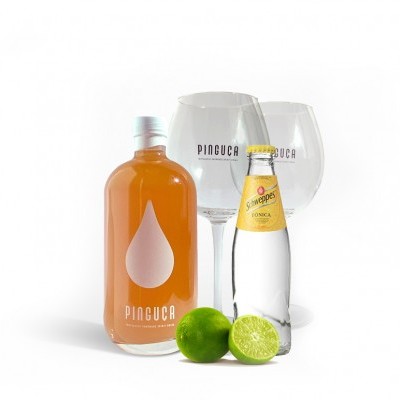 Conjunto de bebida Pinguça, Schweppes Tónica, limões e copos Pinguça