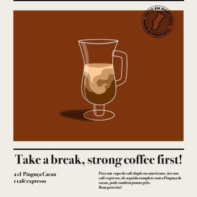 Publicitação de café Expresso Pinguça com copo de vidro de café em camada e texto instrucional em fundo branco e castanho