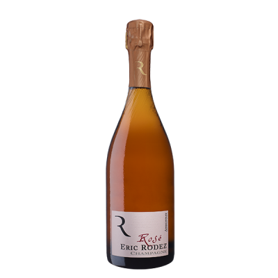Garrafa de champanhe Rosé Eric Rodez com rótulo branco e cápsula cobre
