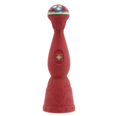 Garrafa decorativa vermelha com padrões em relevo e topo colorido floral