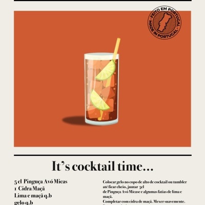 Cartaz de cocktail Pinguça Sunset com copo alto e fatias de lima e maçã