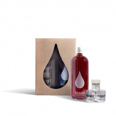 Conjunto de garrafa e copos Pinguça em caixa castanha com recorte em forma de gota