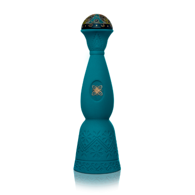 Frasco azul turquesa decorado com padrões e detalhes dourados